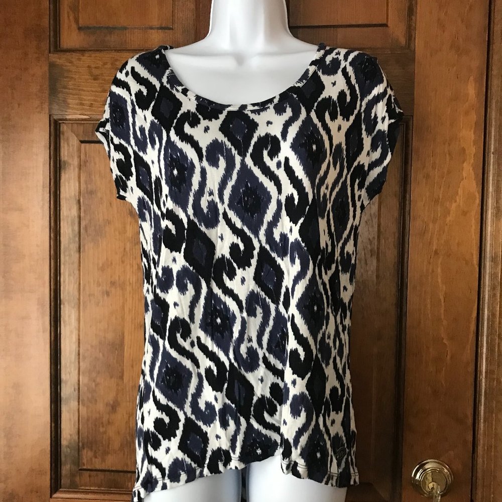 MICHAEL Michael Kors Ivory w/Navy Blue Geometric Cap Sleeve Pullover Top Small
